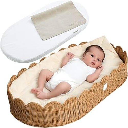 BEBE BASK Premium Baby Changing Basket - Artisan-Crafted Scalloped Rattan - Changing Basket for Baby Dresser - All Accessories Included - Complete Set for Nursery (Mocca)
