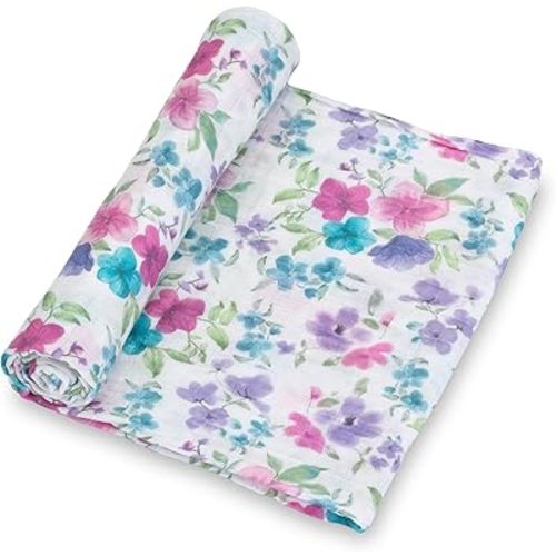 LollyBanks Baby Swaddle Blanket for Girls, 100% Cotton Muslin Swaddle, Soft and Lightweight 47 x 47 Inches Swaddles for Newborns, Gentle Toddler Blankets, Baby Essentials (Wildflower Print)