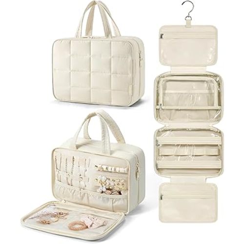 BAGSMART Travel Toiletry Bag with Jewelry Organizer, Hanging Travel Bag for Toiletries, Puffy Makeup Cosmetic Bag Organizer, Carry-on Travel Accessories Essentials, Beige-L