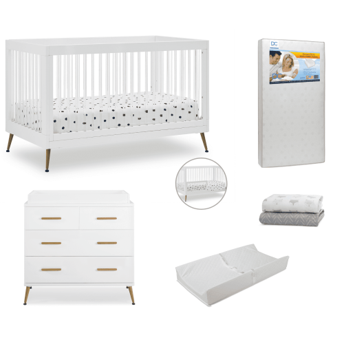 Delta Children Sloane Crib 7-Piece Baby Nursery Furniture Set–Includes: Convertible Crib, Dresser, Changing Top, Crib Mattress, Fitted Sheets, Toddler Guardrail & Changing Pad, White w/Melted Bronze