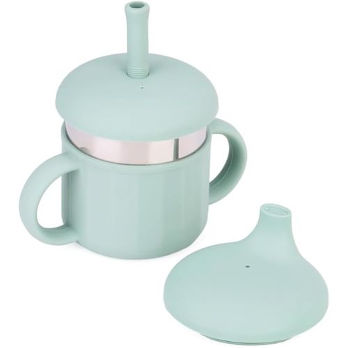 Baby Sippy Cup, Silicone Training Stainless Steel Kid Cups, Break Resistant Straw Lid Cup for Infants 6-12 Month Toddlers and 1-3 Year Kids, 7.4 Oz Water Drinking Cup (Green, 1pc)