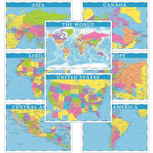 Educational Placemats for Kids Set of 8 World Map Placemat Non Slip Washable Eat Table Mat USA, Europe, Asia, Africa, South America, Central America, Canada Maps for Primary School Dining Table