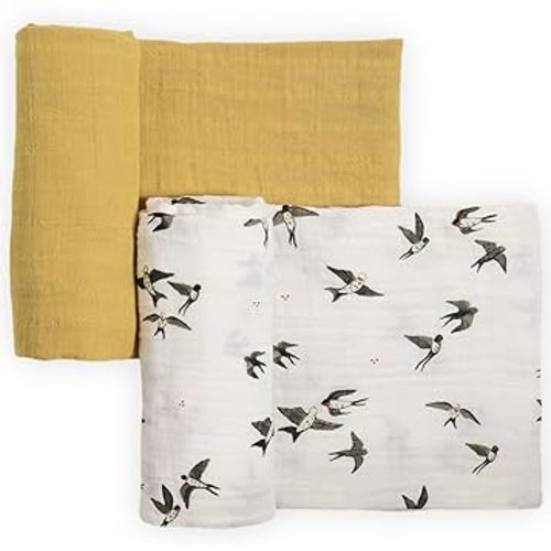 Little Unicorn 100% Natural Organic Cotton Muslin Swaddle Blanket 2 Pack | Giftable Set of 2 swaddles (Swallows)