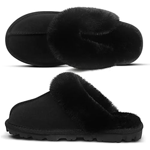 Womens Fuzzy Plush Slippers Outdoor Indoor Faux Fur House Shoes Anti-slip Rubber Sole