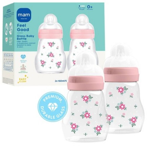 MAM Feel Good Glass Baby Bottles - Pink - 6 fl oz/2pk: Level 1 Slow Flow Nipple, BPA-Free