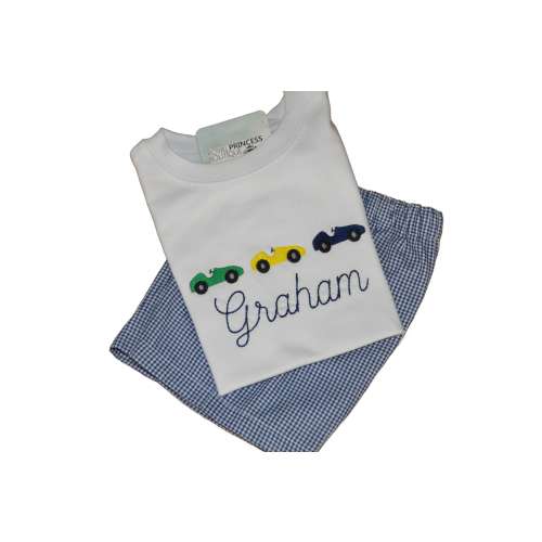 Personalized Race Car Shirt: Embroidered Mini Trio, Gingham Outfit