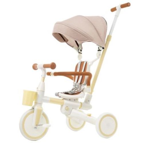 7 in 1 Stroller Baby Tricycle for 18-72 Months, Multifunctional Toddler Trike with Removable Push Rod, Canopy & Guardrail, Yellow - ModernLuxe