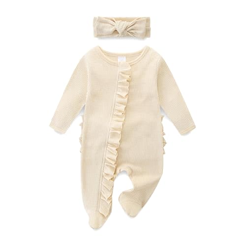 Newborn Baby Girl Ruffle Footie Romper Fall Winter Spring Coming Home Outfit One-piece Knit Jumpsuit with Bow Headband