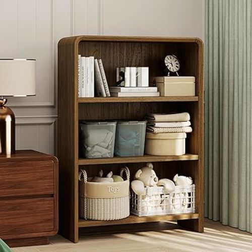 Bevfint 44" Bookcase Tall 3 Shelves Wood Bookshelf with Curved Soft Edges, Heavy Duty Modern Storage Cabinet for Professional Home Office and Living Room, Walnut Grain Finish