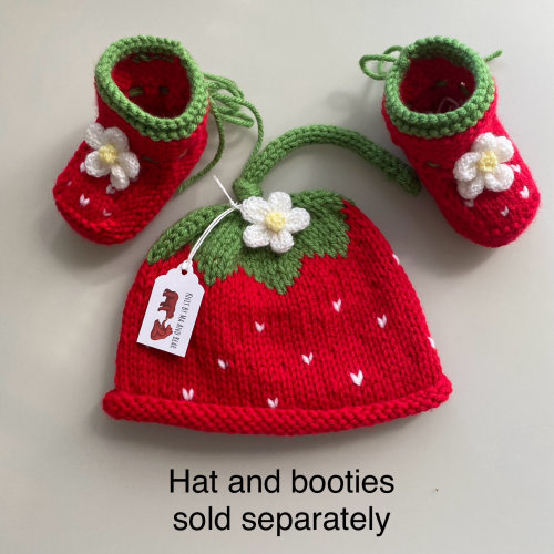 Knit strawberry fruit hat with flower blossom; toddler, baby beanie caps;   handmade baby shower gift; summer, spring newborn infant gifts
