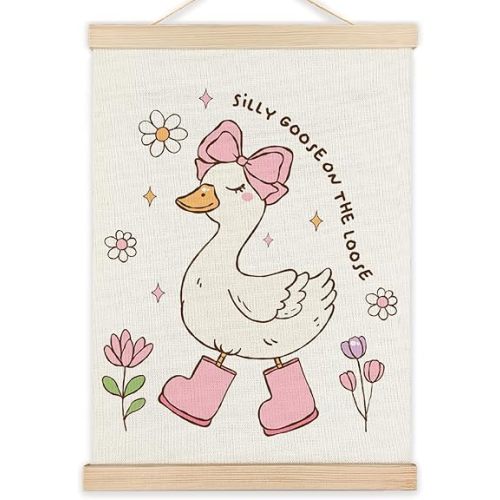 LZYRF Silly Goose On The Loose Wall Art, Coquette Pink Bow Floral Aesthetic Goose Canvas Prints Wall Decor for Girls Room Bedroom Dorm Nursery Playroom, 12x16 Inch