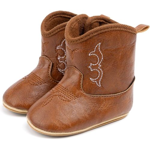 HsdsBebe Baby Boys Girls Western Cowboy Boots Infant Moccasins High Top Booties Toddler Soft Sole Non-Slip First Walker Crib Shoes(ZZY3166 Brown,1)