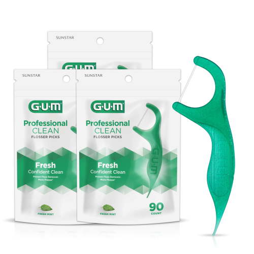 GUM Professional Clean Floss Picks - Extra Strong Shred-Resistant, Easy Grip Handle, 90 Count (Pack of 3)