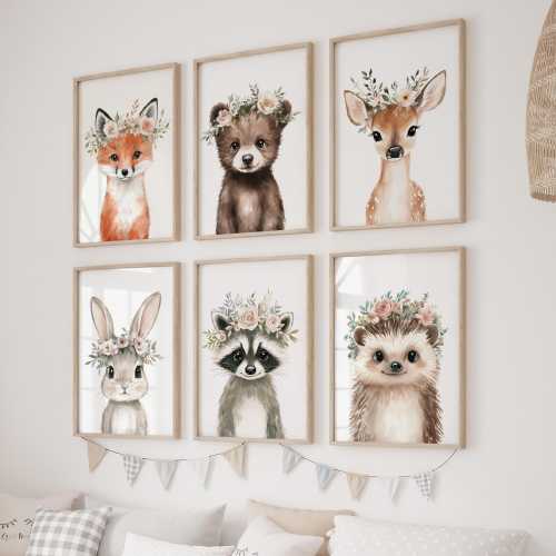 Woodland Animals Nursery Wall Art Set of 6, Baby Girl Nursery Decor, Floral Crown Fox Deer Bear Bunny Prints for Kids Room Digital Download
