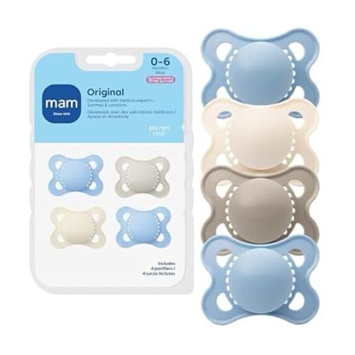 MAM Original Baby Pacifier 0-6 Mths, Skin Soft Silicone Nipple, 4 Pack