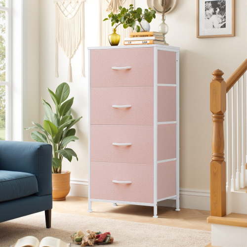 Beddle Dresser with 4 Fabric Drawers, Pink, Wide Bedroom Storage