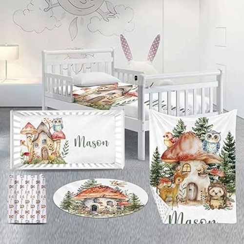 Personalized Baby Crib Bedding Set, Animal Mushroom House Custom Name Nursery Bed Set 4 Piece - Soft Blanket, Fitted Sheet, Diaper Pad Cover, Room Rug – Ideal Room Decor Gift for Newborn Boys Girls