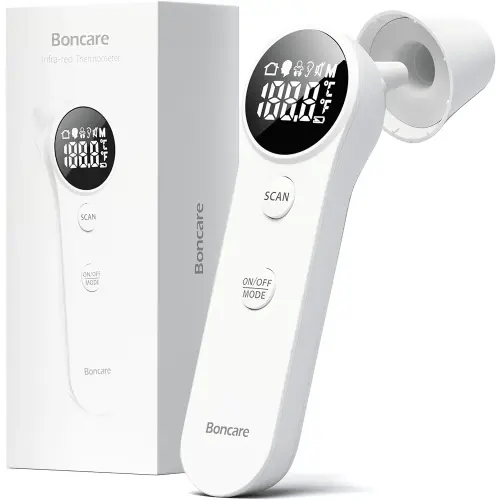 Boncare Ear and Forehead Thermometer, 2X Accuracy Infrared Digital Thermometer for Adults and Kids, 1 Second Reading, No Touch Baby with Fever Alarm
