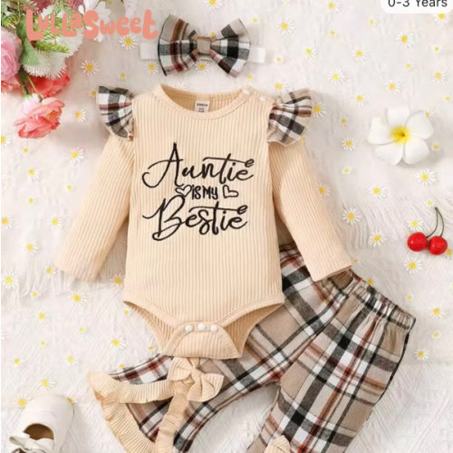 SHEIN Baby Girls "Auntie Is My Bestie" Letter Print Bodysuit & Plaid Flare Pants Set | Infant 3Pcs Outfits Ribbed Romper With Bell Bottoms & Headband | SHEIN USA