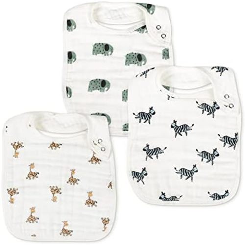 Snap Muslin Bibs for Boys & Girls,3-Pack Baby Bibs for Drooling and Teething,Cotton Muslin Absorbent & Soft Layers