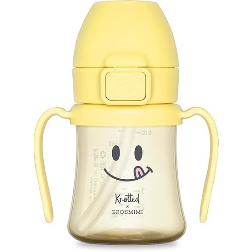 GROSMIMI x KNOTTED Flip Top Spill Proof Sippy Cup, PPSU, BPA Free, Stage 2 Straw for Toddlers (Smile 6oz)