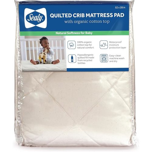 Sealy Baby Quilted Organic Cotton Top Breathable Fitted Waterproof Infant Crib Mattress Protector Pad and Toddler Bed Cover, Durable and Comfortable Topper, Machine Washable, 52” x 28”- Cream