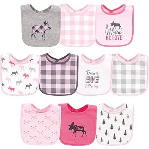 Hudson Baby Unisex Baby Cotton Bibs, Pink Plaid Moose, One Size