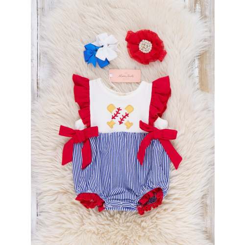 Dugout Cutie Baseball Embroidered Cotton Bubble Romper