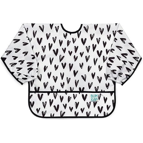 Bumkins Sleeved Bib for Girl or Boy, Baby and Toddler for 6-24 Months, Essential Must Have for Eating, Feeding, Baby Led Weaning Supplies, Long Sleeve Mess Saving Food Catcher, Hearts Black and White