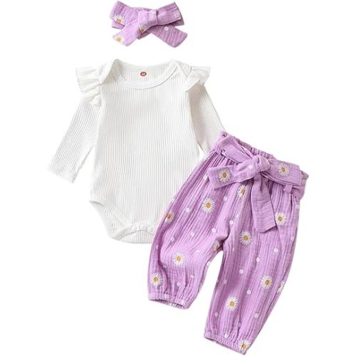 Ropa de bebé recién nacida, mameluco de punto acanalado, pantalones con estampado de margaritas, traje para niña con diadema