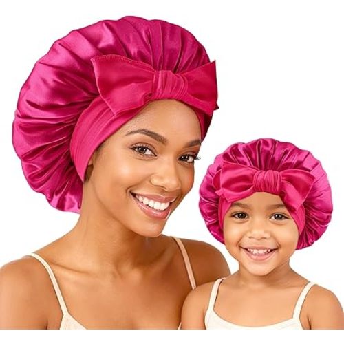 BONNET QUEEN Silk Bonnet Mommy and Me Bonnet Set Hair Bonnets Satin Cap with Tie Band Silk Hair Wrap for Sleeping Night Caps Hot Pink 2Pcs