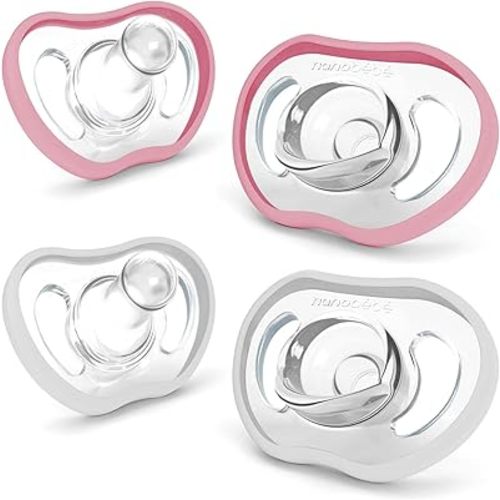 Nanobebe Active Baby Pacifiers 4-36 Months - Orthodontic, Lightweight and Vented, Curves Comfortably with Face Contour, 100% Silicone - BPA Free, Perfect Baby Registry Gift 4pk, White/Pink