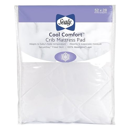 Cool Comfort Waterproof Fitted Toddler Bed & Baby Crib Mattress Pad Cover Topper, Waterproof Crib Mattress Protector, Noiseless, Machine Washable and Dryer Friendly, 52" x 28" - White