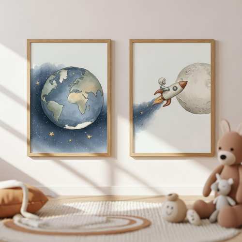 Astronaut Rocket Wall Art Set of 2, Earth and Moon Prints, Outer Space Nursery Decor