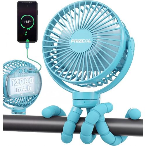FRIZCOL 12000mAh Portable Stroller Fan, Use As Power Bank, 65H Battery Operated Fan Flexible Tripod Clip On Fans, Detachable Personal Handheld Baby Fans for Stroller, Car seat, Desk, Treadmill (Blue)