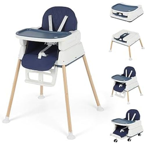 5-in-1 Baby High Chair, Convertible Booster & Play Chair, Portable Foldable Lightweight, Easy to Clean with Tray, for Babies Toddlers 6-36 Months, Blue