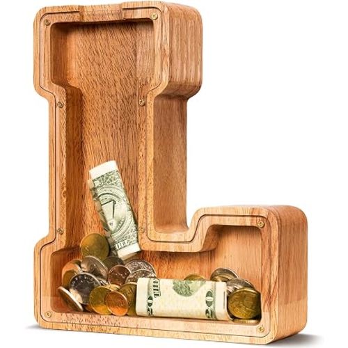 ELX Wooden Piggy Bank for Kids Boys, Personalized Letter Money Bank, Safe & Durable Savings Box for Toddlers Girls, Gifts for Birthday Holiday Christmas