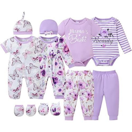 NZRVAWS Baby Girl Clothes Preemie Newborn Layette Essential Outfits Gift Infant Bodysuits Pants 12 Pieces 0-12 Months