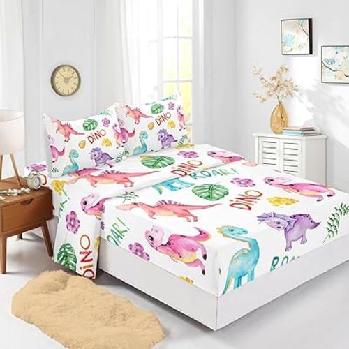 Cute Dinosaur Fitted Sheet Set 4Pcs Dinosaurs Bed Sheets Full Wild Animal Pattern Bedding Set for Boys Teens Adult Includes 1 Fitted Sheet,1 Flat Sheet,2 Pillowcases