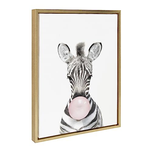 Kate and Laurel Sylvie Bubble Gum Zebra Framed Canvas Wall Art by Amy Peterson Art Studio, 18x24 Gold, Cute Whimsical Animal Art for Wall
