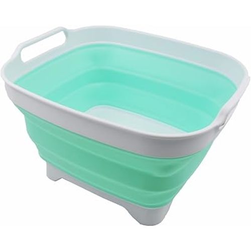 SAMMART 7.5L (2 Gallons) Collapsible Dishpan with Draining Plug - Foldable Washing Basin - Portable Dish Washing Tub - Space Saving Kitchen Storage Tray (White/Light Green, 1)