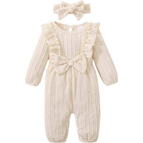 Happy Town Baby Girl Romper Infant Fall Winter Clothes Ruffle Sweater Long Sleeve Bodysuit Jumpsuit and Headband