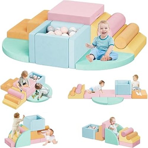 smilesun 12 PCS Foam Climbing Blocks for Toddlers with Ball Pit, Safe Soft Play Gym Set，Baby Kids' Indoor Playground Foam Blocks for Crawling, Climbing Motor Skills Development（Colorful）