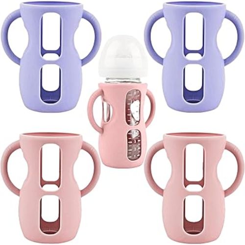 4 Pack Silicone Sleeves for Avent Natural Glass Baby Bottles, Silicone and Easy-Grip Handles for Drop Protection, Compatible with Philips Avent 4/8 OZ Glass Bottle (2 Pink+2 Purple, 8 OZ)