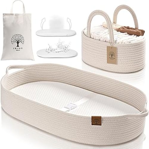 Baby Changing Basket Includes Diaper Caddy - Breathable & Waterproof Dual-Cover, Portable, Changing Pad for Dresser & Changing Table, Gift for Baby Shower, Cotton Rope Basket for Baby