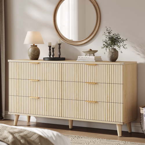 Laintene 6 Drawer Dresser for Bedroom, 53" Wide Dressers & Chest of Drawers, Boho Fluted Dresser with Wave Panel Design, Modern Storage Dressers Organizer for Living Room, Natural