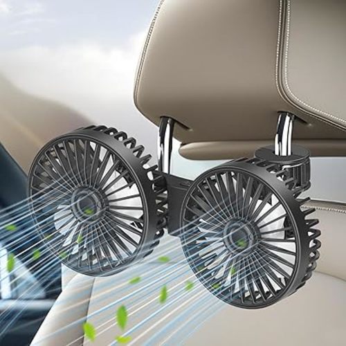 Car Fan for Backseat, Dual Head USB Vehicle Seat Fans, 3 Speeds Strong Wind 360° Rotatable Auto Rear Headrest Fan for Car, Air Circulation Automotive Fans with Adjustable Clip for All Models