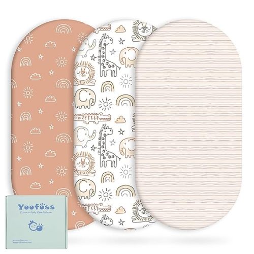 Yoofoss Bassinet Sheets for Baby,3-Pack Fitted Bassinet Sheets Set Compatible with Halo Bassinest Swivel Sleeper,Baby Delight,Angelbliss,Soft Breathable Bassinet Mattress Sheets (Brown+Animals)