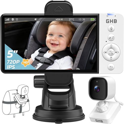 GHB Wireless Baby Car Camera 5" HD, 3500mAh Baby Monitor 2000mAh Camera Non WiFi, Temperature Alert, 720P Night Vision VOX Mode, 360° Rotatable Rear Facing Monitor Baby Essentials Gifts for Home Pets