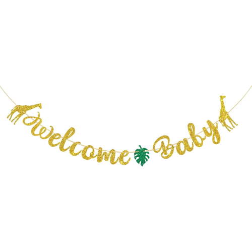 Safari Welcome Baby Banner, Jungle Animals Giraffe Sign Bunting Banner for Baby 1st Birthday/Baby Shower/Gender Reveal/Welcome Baby Party Decoration, Wild Theme Birthday Party Supplies